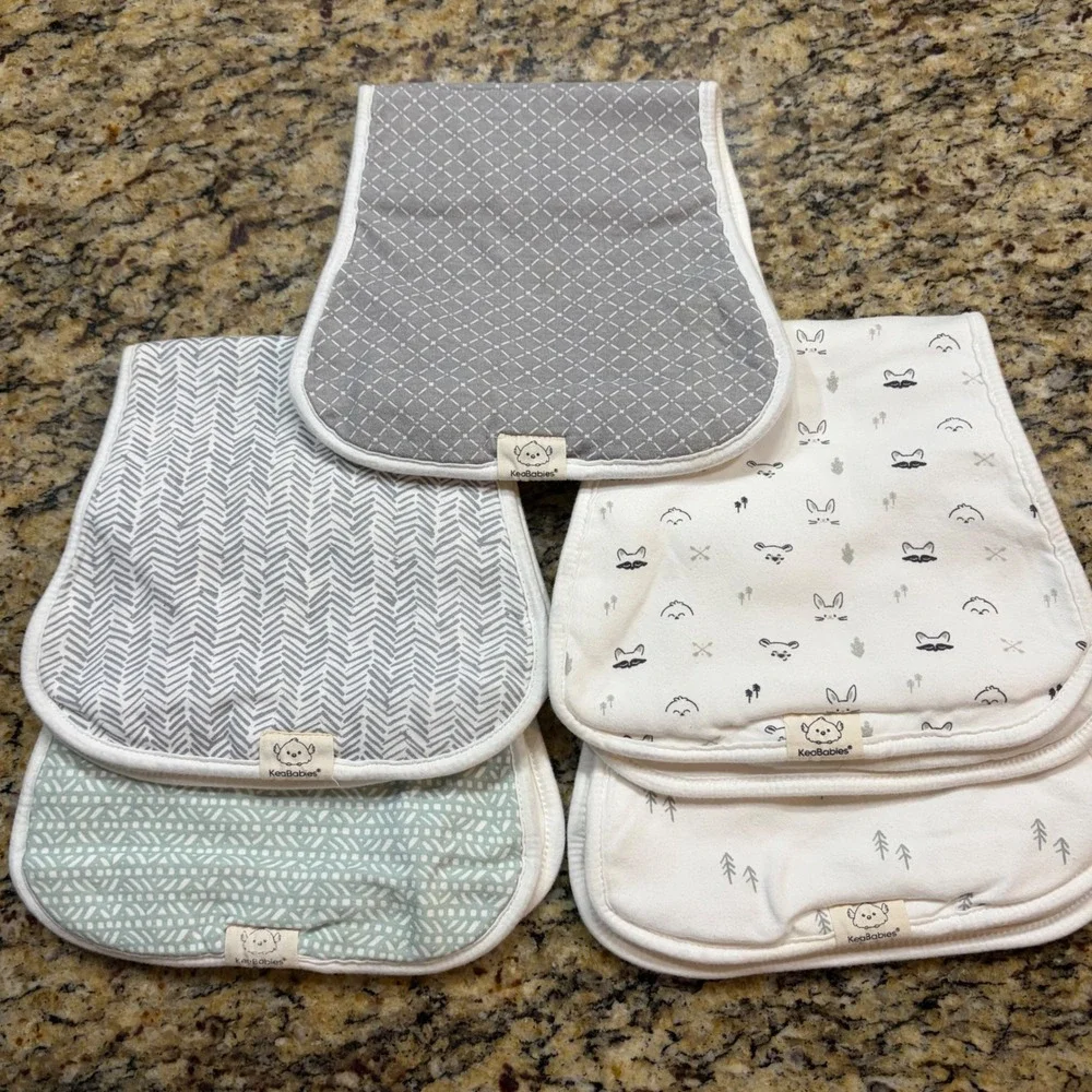 KeaBabies Organic Cotton Burp Cloths 5 Pack Grey Green Woodland Neutral Set